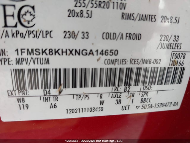 Продажа на аукционе авто 2022 Ford Explorer, vin: 1FMSK8KHXNGA14650, номер лота: 12640562