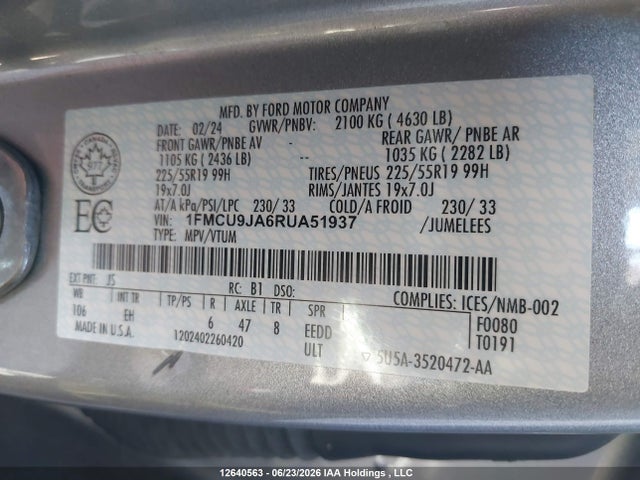12640563 :رقم المزاد ، 1FMCU9JA6RUA51937 vin ، 2024 Ford Escape Platinum مزاد بيع