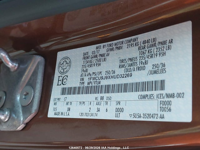 Aukcja sprzedaży 2017 Ford Escape Titanium, vin: 1FMCU9J9XHUD32269, numer aukcji: 12640572