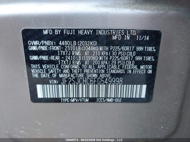 Продажа на аукционе авто 2015 Subaru Forester 2.5i Touring Package, vin: JF2SJCHC6FG549998, номер лота: 12640574