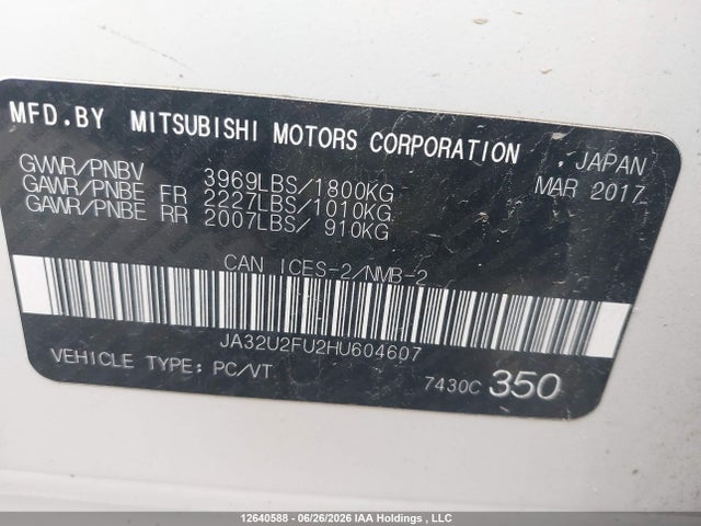 2017 Mitsubishi Lancer Es მანქანა იყიდება აუქციონზე, vin: JA32U2FU2HU604607, აუქციონის ნომერი: 12640588