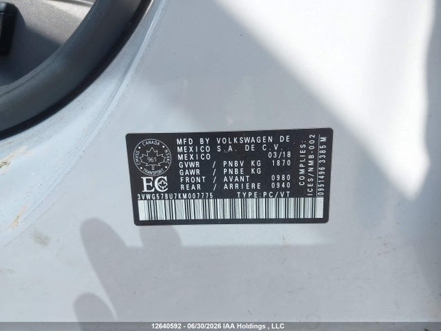 12640592 :رقم المزاد ، 3VWG57BU7KM007775 vin ، 2019 Volkswagen Jetta Sel Premium مزاد بيع