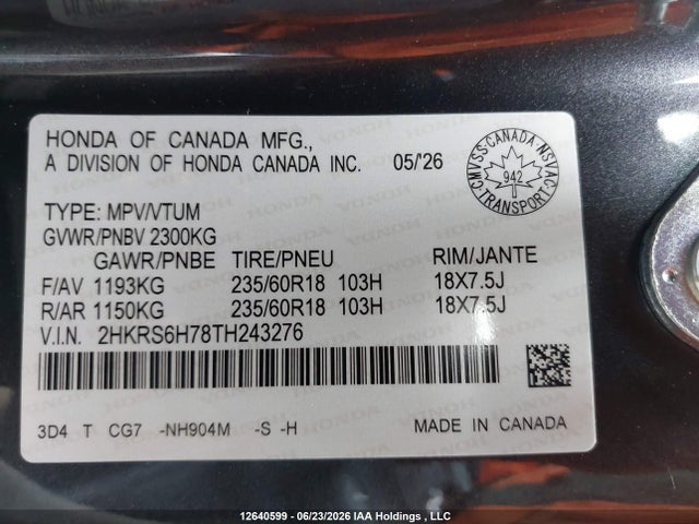 Продажа на аукционе авто 2026 Honda Cr-v Exl, vin: 2HKRS6H78TH243276, номер лота: 12640599