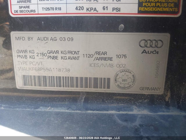 12640608 :رقم المزاد ، WAUKF68P59A118738 vin ، 2009 Audi A3 2.0t Quattro مزاد بيع
