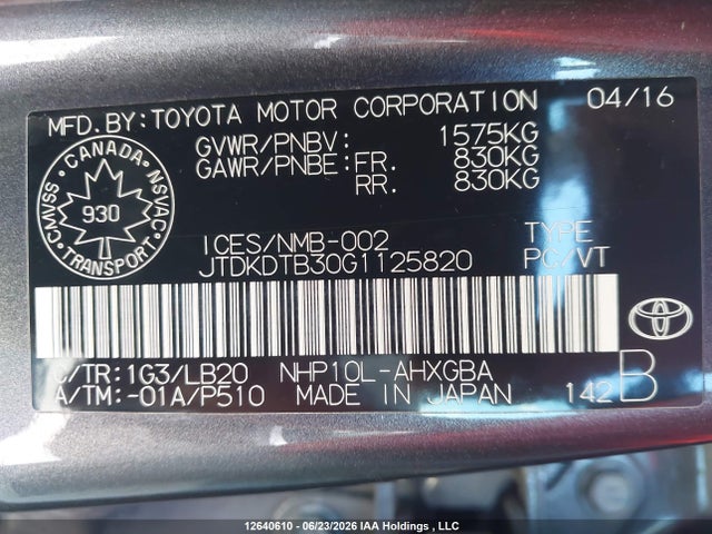 12640610 :رقم المزاد ، JTDKDTB30G1125820 vin ، 2016 Toyota Prius C Technology مزاد بيع
