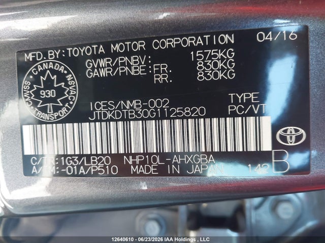 12640610 :رقم المزاد ، JTDKDTB30G1125820 vin ، 2016 Toyota Prius C Technology مزاد بيع