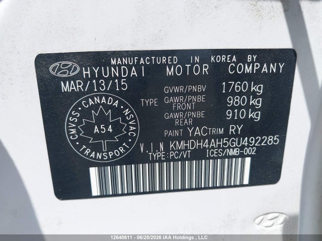 12640611 :رقم المزاد ، KMHDH4AH5GU492285 vin ، 2016 Hyundai Elantra Gls مزاد بيع