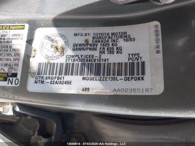 Aukcja sprzedaży 2004 Toyota Corolla, vin: 2T1BR32E64C810141, numer aukcji: 12640614