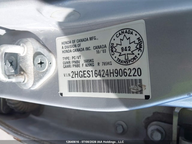 2004 Honda Civic Dx მანქანა იყიდება აუქციონზე, vin: 2HGES16424H906220, აუქციონის ნომერი: 12640616