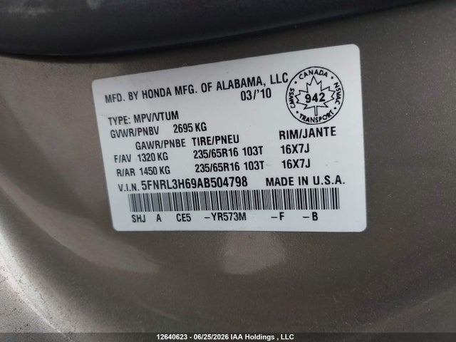2010 Honda Odyssey Ex-l/touring მანქანა იყიდება აუქციონზე, vin: 5FNRL3H69AB504798, აუქციონის ნომერი: 12640623