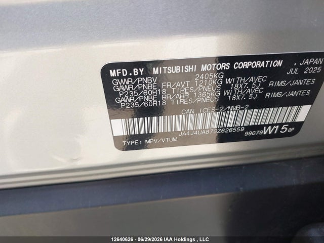 Продаж на аукціоні авто 2025 Mitsubishi Outlander Es, vin: JA4J4UA87SZ626559, номер лоту: 12640626