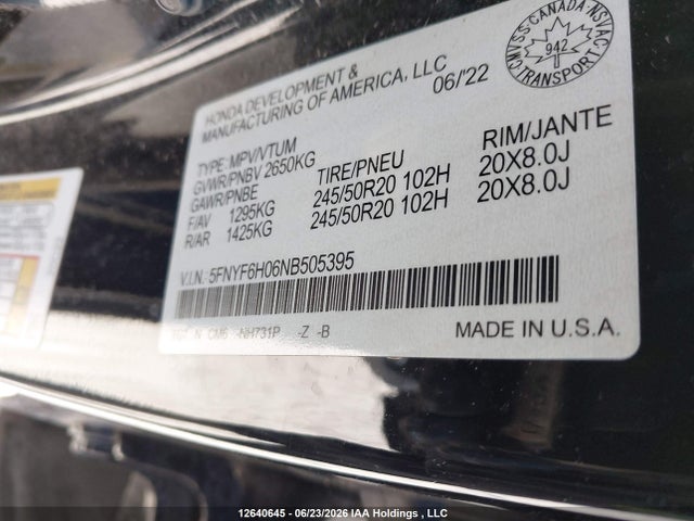 Honda Pilot Elite 2022 5FNYF6H06NB505395 Image 9
