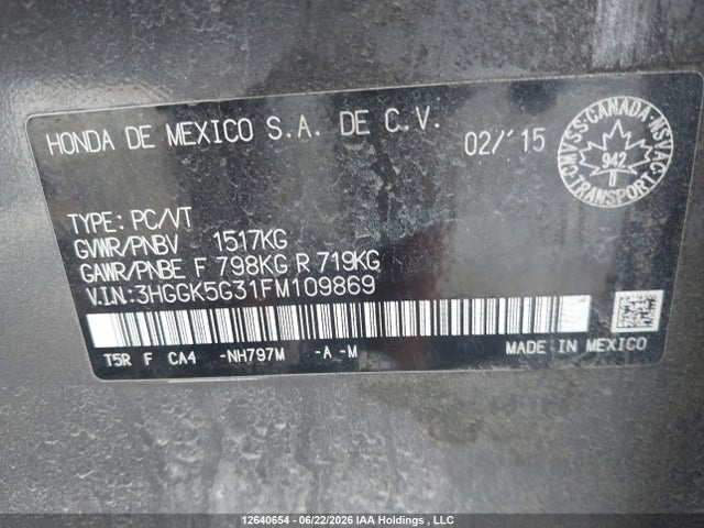 Продажа на аукционе авто 2015 Honda Fit Dx, vin: 3HGGK5G31FM109869, номер лота: 12640654