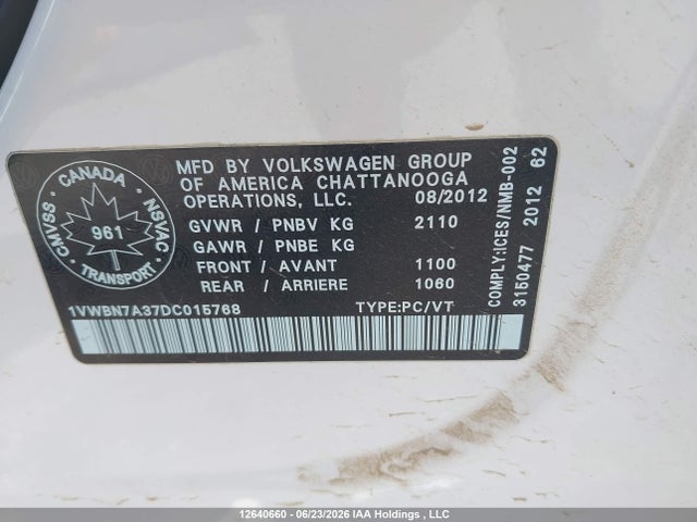 Продаж на аукціоні авто 2013 Volkswagen Passat Se, vin: 1VWBN7A37DC015768, номер лоту: 12640660