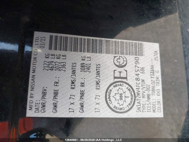 12640661 :رقم المزاد ، 5N1AT2MV4FC845790 vin ، 2015 Nissan Rogue S/sl/sv مزاد بيع