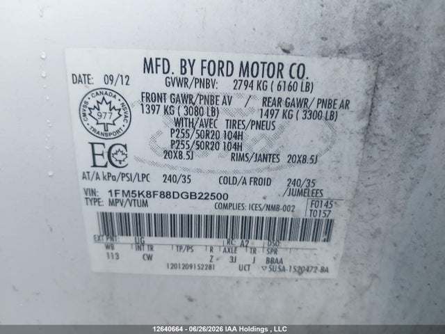 12640664 :رقم المزاد ، 1FM5K8F88DGB22500 vin ، 2013 Ford Explorer Limited مزاد بيع