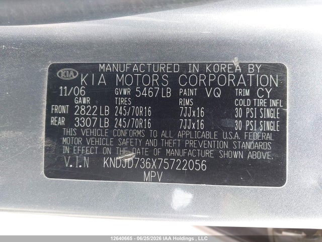 2007 Kia Sorento Ex მანქანა იყიდება აუქციონზე, vin: KNDJD736X75722056, აუქციონის ნომერი: 12640665