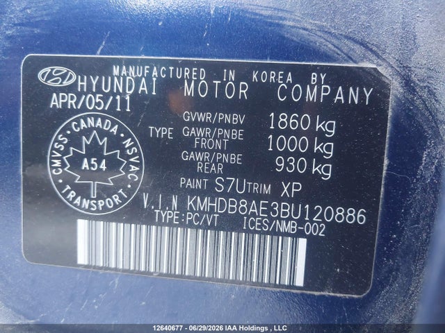 2011 Hyundai Elantra Touring Gls მანქანა იყიდება აუქციონზე, vin: KMHDB8AE3BU120886, აუქციონის ნომერი: 12640677