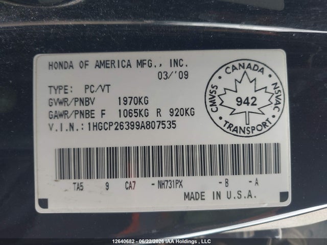 2009 Honda Accord Lx მანქანა იყიდება აუქციონზე, vin: 1HGCP26399A807535, აუქციონის ნომერი: 12640682