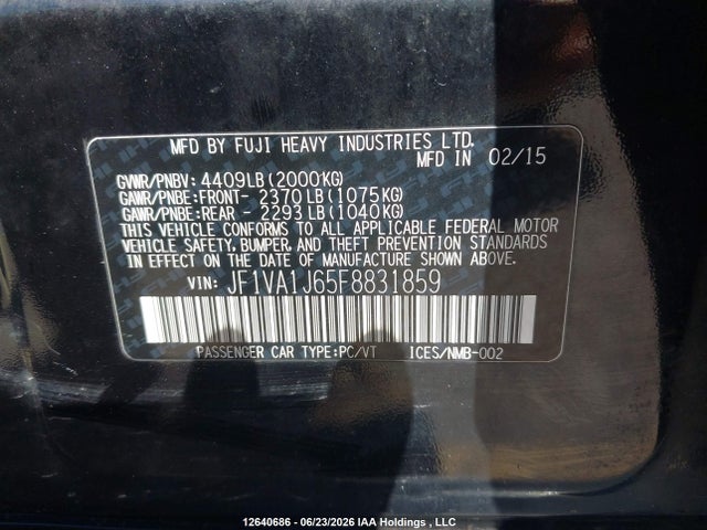 Aukcja sprzedaży 2015 Subaru Wrx Sport-tech Package, vin: JF1VA1J65F8831859, numer aukcji: 12640686