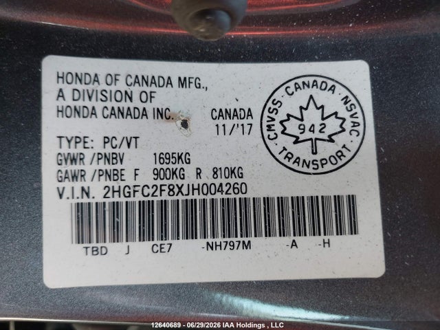 Honda CIVIC EX 2018 2HGFC2F8XJH004260 Image 18