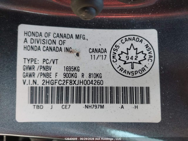 Honda CIVIC EX 2018 2HGFC2F8XJH004260 Image 9