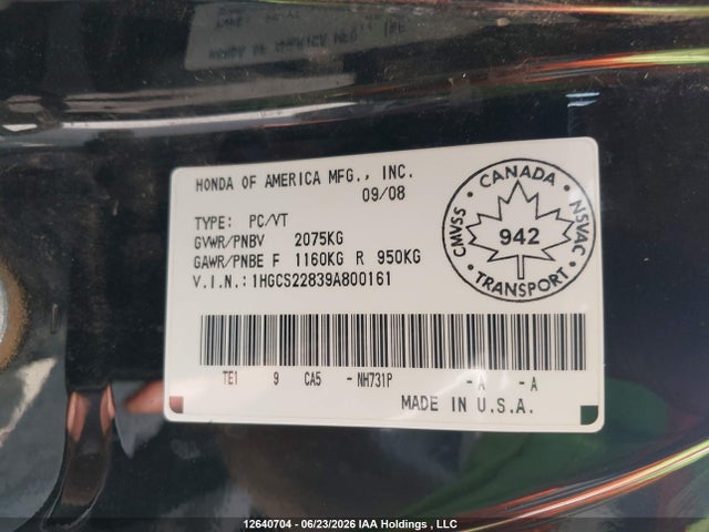 12640704 :رقم المزاد ، 1HGCS22839A800161 vin ، 2009 Honda Accord Ex-l V6 مزاد بيع