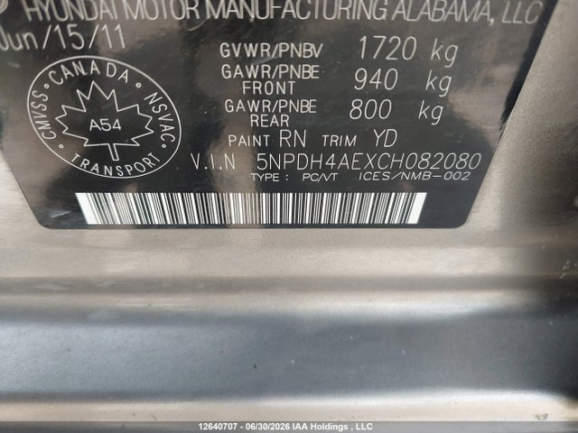 2012 Hyundai Elantra Gls/limited მანქანა იყიდება აუქციონზე, vin: 5NPDH4AEXCH082080, აუქციონის ნომერი: 12640707