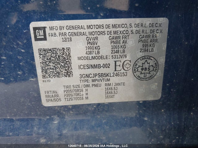 3GNCJPSB5KL246153 Chevrolet Trax Lt