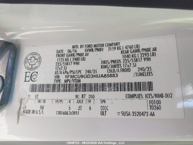 12640723 :رقم المزاد ، 1FMCU9GD3HUA85883 vin ، 2017 Ford Escape Se مزاد بيع