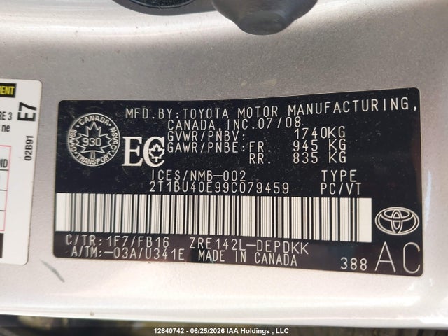 Aukcja sprzedaży 2009 Toyota Corolla, vin: 2T1BU40E99C079459, numer aukcji: 12640742