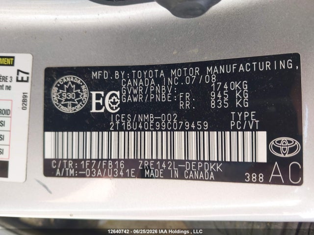Aukcja sprzedaży 2009 Toyota Corolla, vin: 2T1BU40E99C079459, numer aukcji: 12640742