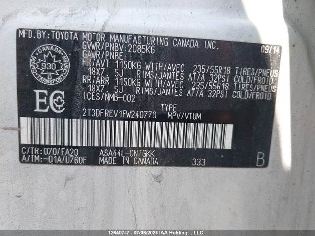 2015 Toyota Rav4 Limited მანქანა იყიდება აუქციონზე, vin: 2T3DFREV1FW240770, აუქციონის ნომერი: 12640747