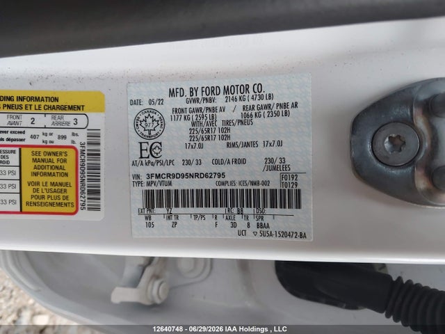 12640748 :رقم المزاد ، 3FMCR9D95NRD62795 vin ، 2022 Ford Bronco Sport Badlands مزاد بيع