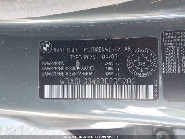 12640749 :رقم المزاد ، WBAGL63483DP65202 vin ، 2003 Bmw 745 I مزاد بيع