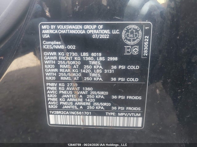 12640759 :رقم المزاد ، 1V2BR2CA1NC561701 vin ، 2022 Volkswagen Atlas مزاد بيع