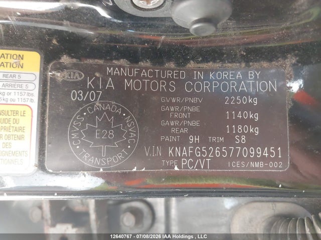 Aukcja sprzedaży 2007 Kia Rondo Lx/ex, vin: KNAFG526577099451, numer aukcji: 12640767