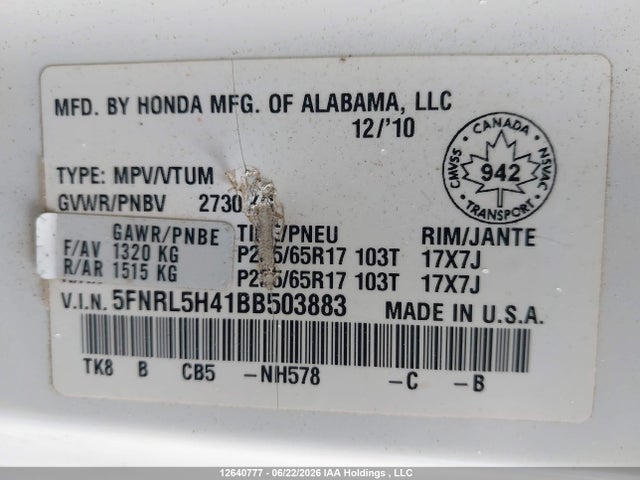 2011 Honda Odyssey Ex მანქანა იყიდება აუქციონზე, vin: 5FNRL5H41BB503883, აუქციონის ნომერი: 12640777