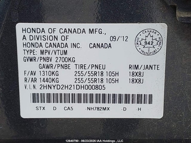 12640790 :رقم المزاد ، 2HNYD2H21DH000805 vin ، 2013 Acura Mdx مزاد بيع