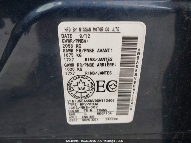 2013 Nissan Rogue მანქანა იყიდება აუქციონზე, vin: JN8AS5MV9DW113406, აუქციონის ნომერი: 12640794