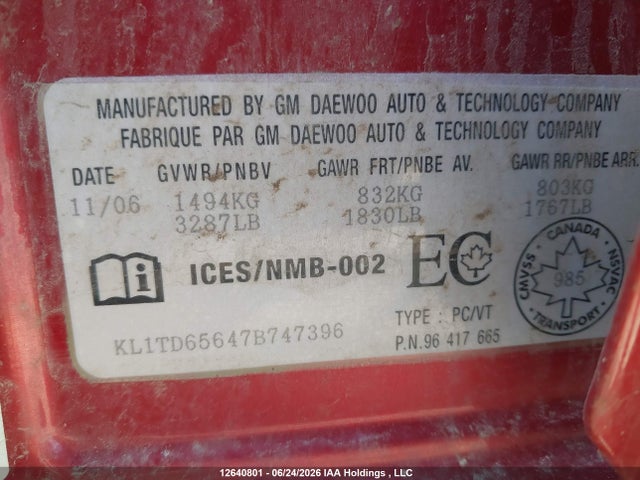 2007 Chevrolet Aveo Ls მანქანა იყიდება აუქციონზე, vin: KL1TD65647B747396, აუქციონის ნომერი: 12640801