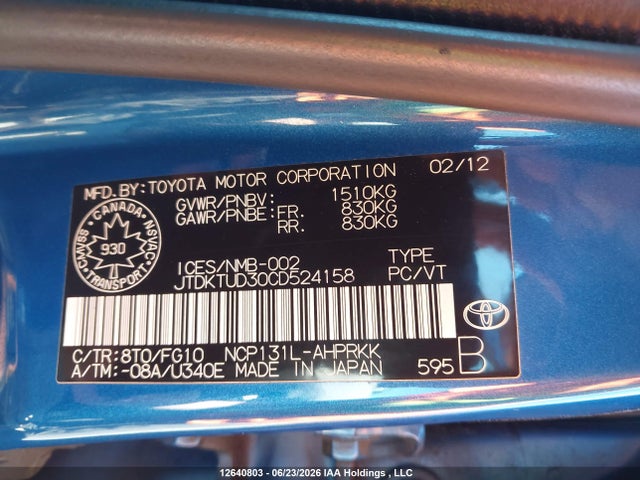 12640803 :رقم المزاد ، JTDKTUD30CD524158 vin ، 2012 Toyota Yaris مزاد بيع