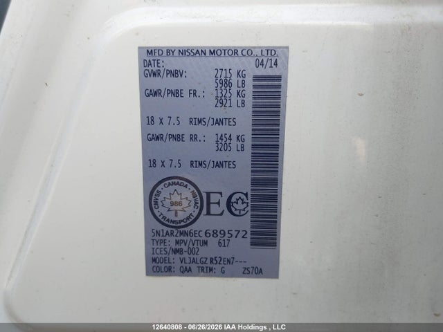 Продажа на аукционе авто 2014 Nissan Pathfinder S/sv/sl/platinum, vin: 5N1AR2MN6EC689572, номер лота: 12640808