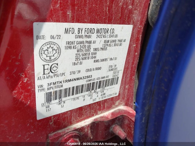 2022 Ford Mustang Mach-e Select მანქანა იყიდება აუქციონზე, vin: 3FMTK1RM4NMA32503, აუქციონის ნომერი: 12640818
