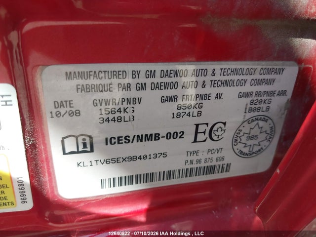 2009 Chevrolet Aveo Ls მანქანა იყიდება აუქციონზე, vin: KL1TV65EX9B401375, აუქციონის ნომერი: 12640822
