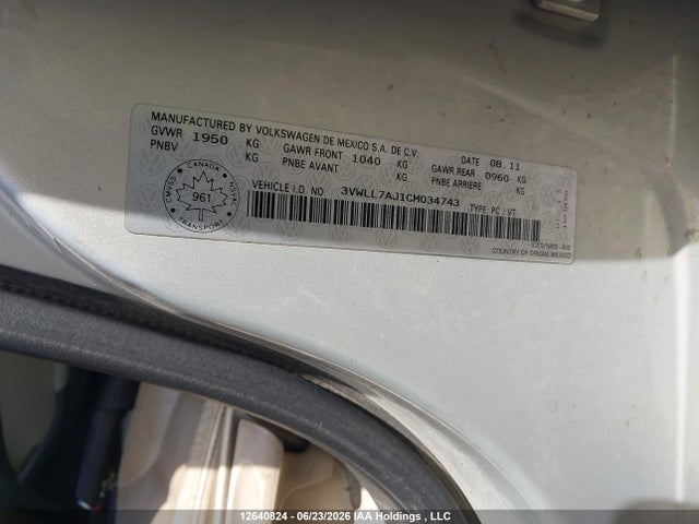 Aukcja sprzedaży 2012 Volkswagen Jetta, vin: 3VWLL7AJ1CM034743, numer aukcji: 12640824