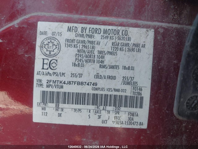 12640832 :رقم المزاد ، 2FMTK4J87FBB74749 vin ، 2015 Ford Edge Sel مزاد بيع
