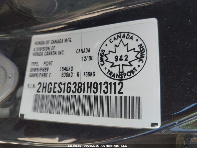 Aukcja sprzedaży 2001 Honda Civic Dx-g, vin: 2HGES16381H913112, numer aukcji: 12640845