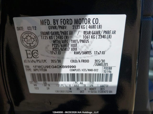 12640850 :رقم المزاد ، 1FMCU9EG4CKB95990 vin ، 2012 Ford Escape Limited مزاد بيع