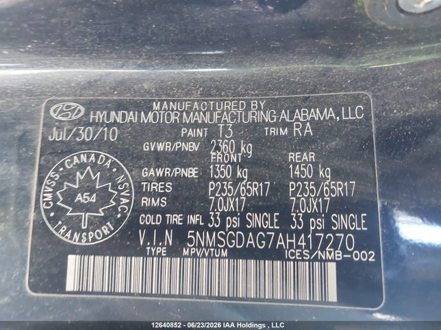 12640852 :رقم المزاد ، 5NMSGDAG7AH417270 vin ، 2010 Hyundai Santa Fe Gls مزاد بيع